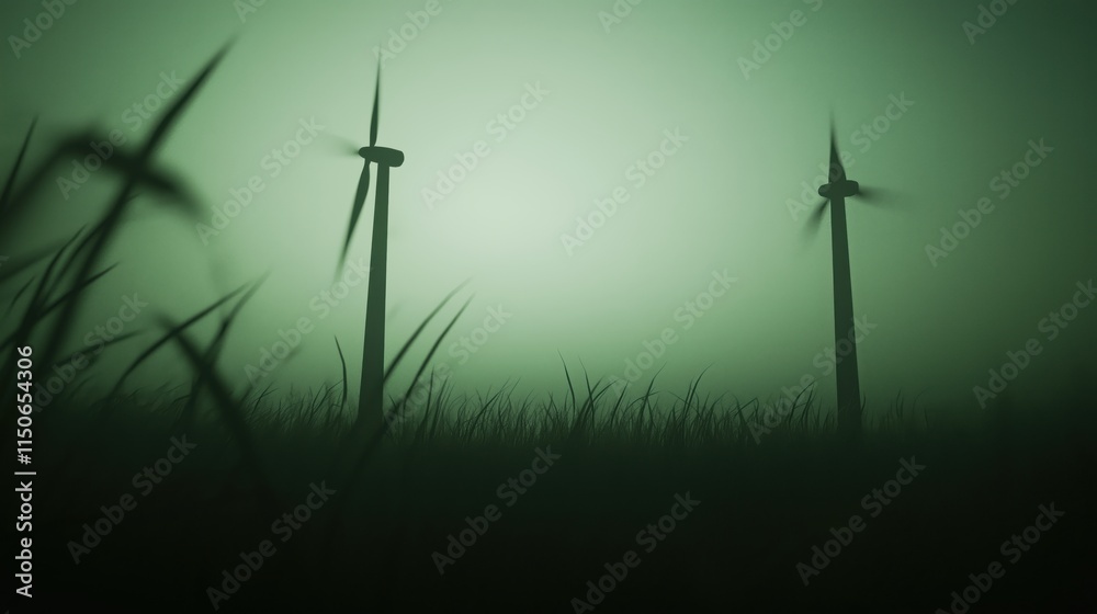 Obraz premium Clean energy concept with wind turbines in misty landscape