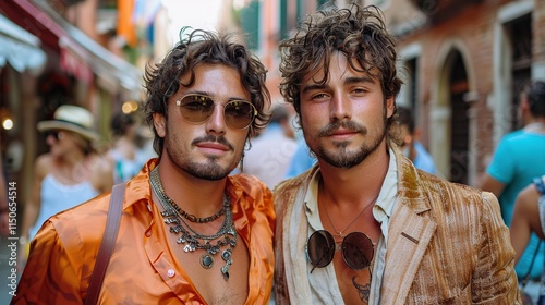 Two guys posing stylishly for a professional camera in the streets of Venice create unique moments filled with aesthetics and style