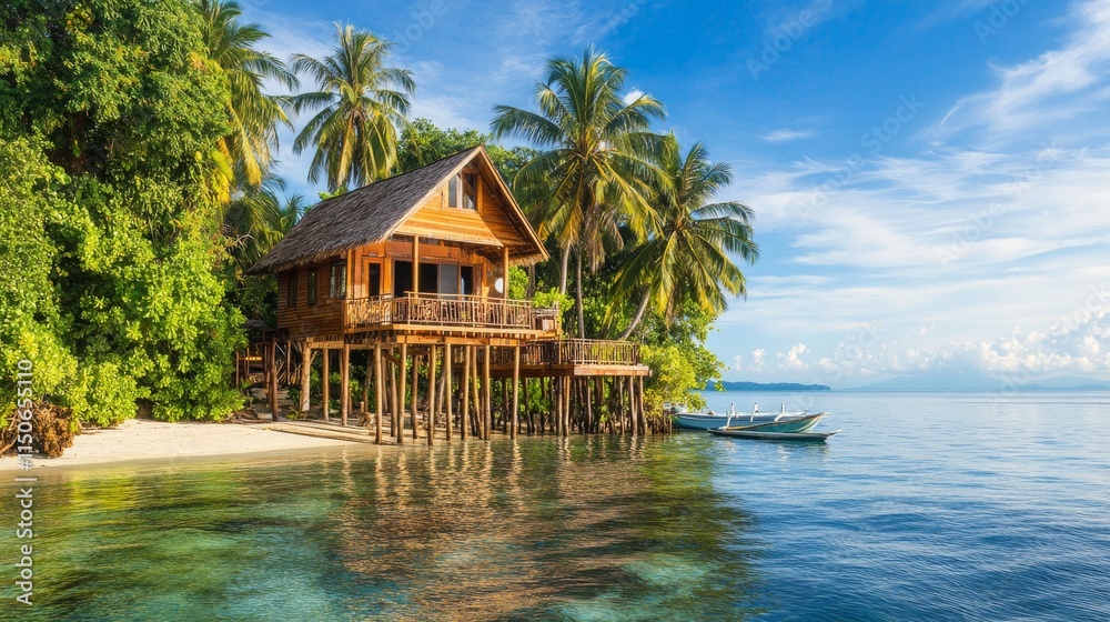 Beach hut or bungalow on tropical island resort, summer shack, wooden house on piles with terrace, palm trees and ocean landscape. Wooden private cottage with thatch roof Cartoon vector illustration Beach hut or bungalow on tropical island resort, summer shack, wooden house on piles with terrace, palm trees and ocean landscape. Wooden private cottage with thatch roof Cartoon vector illustration