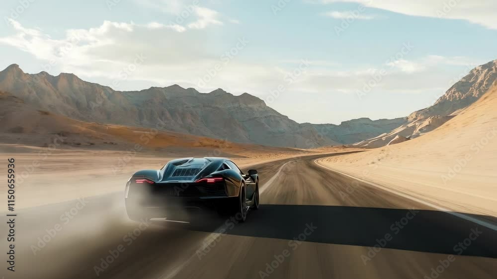 Luxury sports car racing through desert mountain road. Dynamic black supercar on scenic canyon highway. Speed and motion automotive concept for modern transport banner with copy space