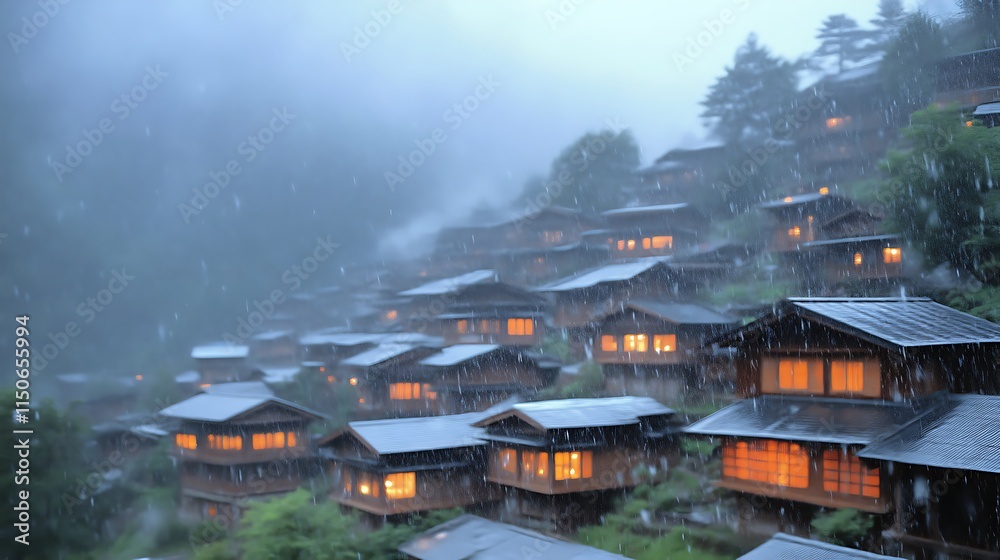 Fototapeta premium Rain falls on illuminated village houses nestled in mountains