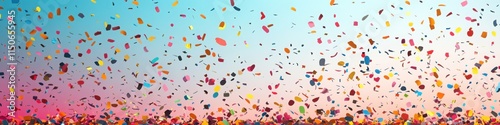 Colorful confetti falling on a pink and blue gradient background, creating a vibrant and festive celebration design

