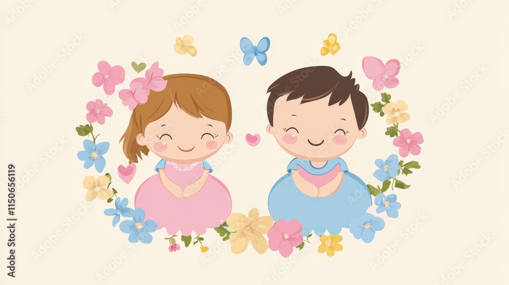 Cute baby boy and girl announcement template. Flat vector cartoon design Cute baby boy and girl announcement template. Flat vector cartoon design