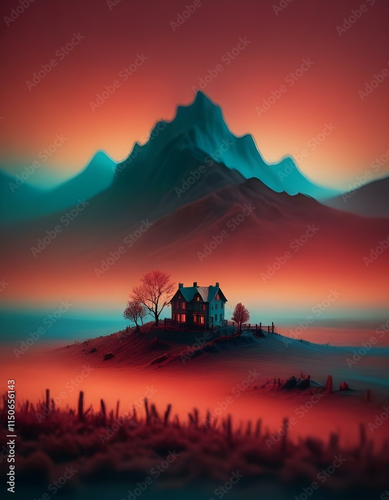 Fototapeta premium Miniature landscape, advertising photography, surreal art, masterpiece, professional surreal composition, gradient background, vibrant, teal and red color scheme