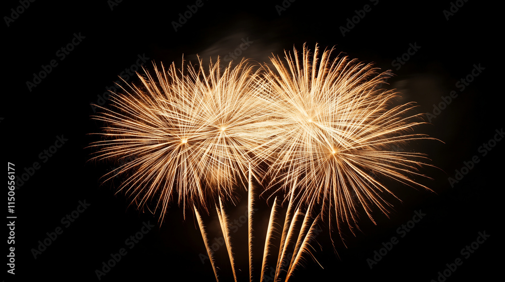 Obraz premium A radiant starburst of golden fireworks fills the scene, with trails extending gracefully outward. The blurred black background fades subtly, providing a luxurious and minimalist c