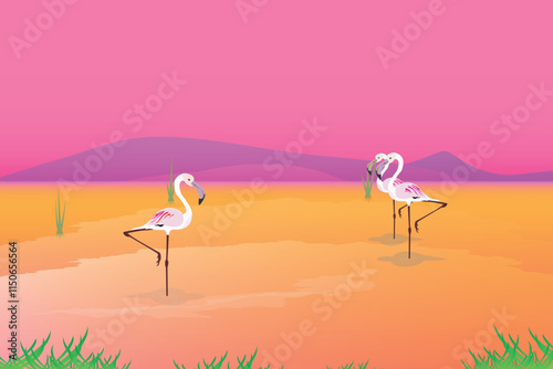 Tropical pink flamingo, birds staying in water