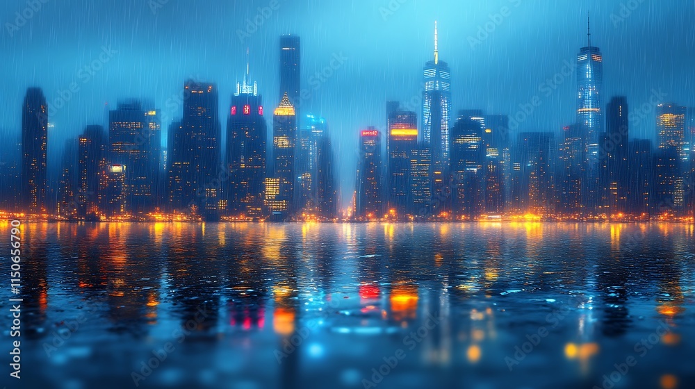 Rainy Night Cityscape Illuminated Skyscrapers Reflecting Water Rainy Night Cityscape Illuminated Skyscrapers Reflecting Water