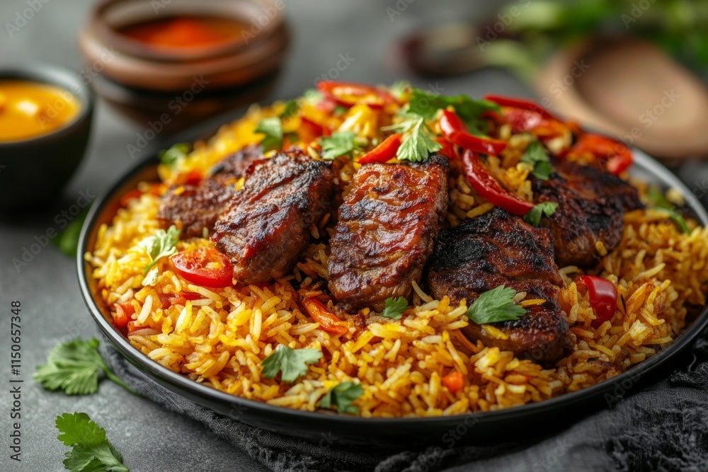 Scrumptious Aromatic Rice Dish with Grilled Meat Scrumptious Aromatic Rice Dish with Grilled Meat