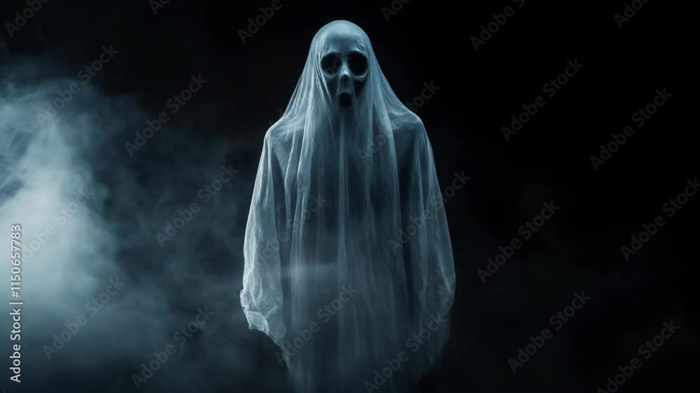 Spooky floating ghost figure in white shroud emerging from misty dark background. Horror scene concept for Halloween decoration, mysterious atmosphere with fog effects and dramatic lighting Spooky floating ghost figure in white shroud emerging from misty dark background. Horror scene concept for Halloween decoration, mysterious atmosphere with fog effects and dramatic lighting