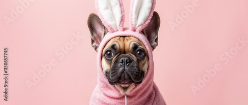 A French Bulldog wearing a fluffy bunny costume sits on a pastel pink background.

