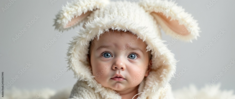 An adorable baby dressed in a cute white bunny costume with fluffy ears in a studio setting, evoking feelings of warmth, innocence, and joy.
An adorable baby dressed in a cute white bunny costume with fluffy ears in a studio setting, evoking feelings of warmth, innocence, and joy.