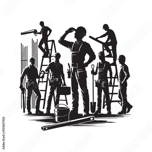 Black Color Construction workers silhouette design Vector Illustration, Solid White Background 2.eps