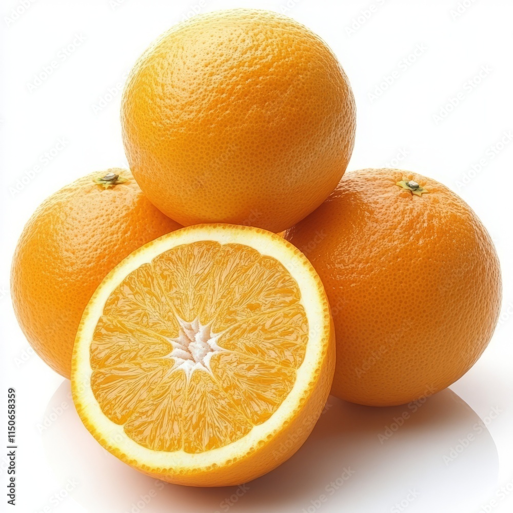 A pile of oranges with one cut in half, isolated on a white background. A pile of oranges with one cut in half, isolated on a white background.