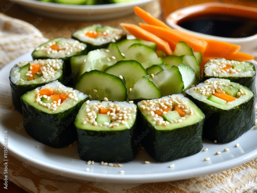 Avocado sushi rolls with cucumber, carrots, and tofu Avocado sushi rolls with cucumber, carrots, and tofu