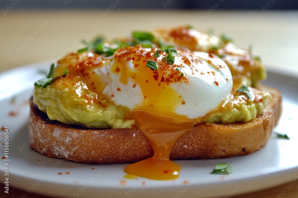 Golden-brown toast with mashed avocado, poached egg, and chili flakes Golden-brown toast with mashed avocado, poached egg, and chili flakes