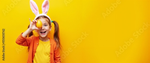 Cheerful young girl with playful bunny ears posing with an orange in a bright yellow setting, creating a fun and lively atmosphere.