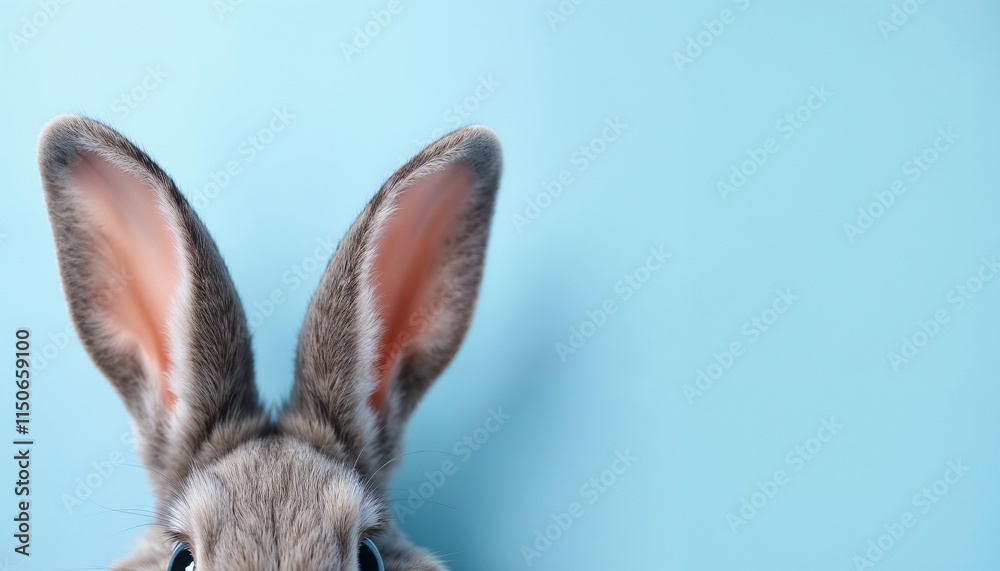 Obraz premium A creative and minimalistic photo showcasing the ears of a rabbit against a soft blue backdrop, conveying cuteness and simplicity.
