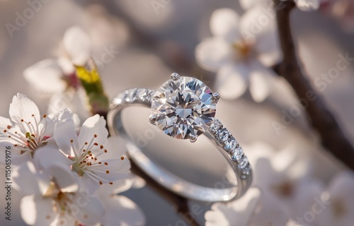 Diamond engagement ring among cherry blossoms close-up photo