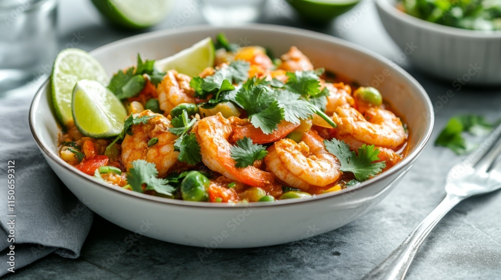 Fresh Shrimp Dish with Lime and Cilantro in a Modern Setting Fresh Shrimp Dish with Lime and Cilantro in a Modern Setting
