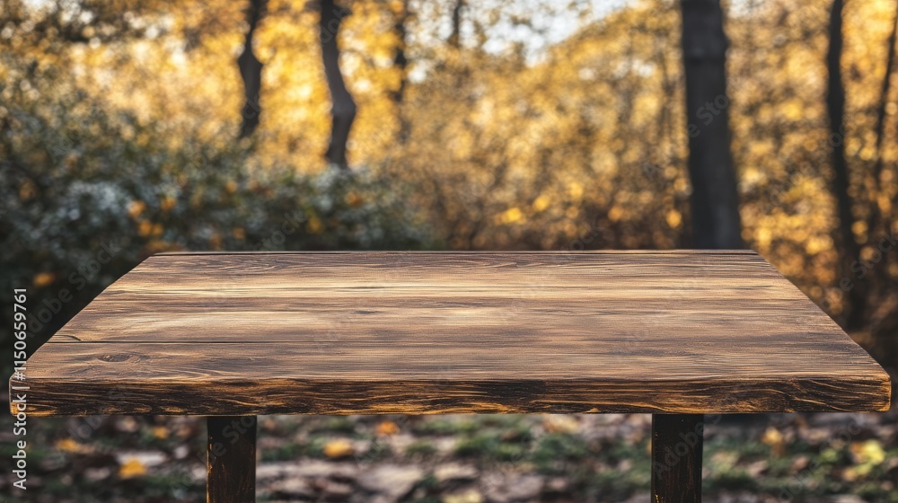An old wooden table with a blurred autumn forest background, perfect for mockups and product photography. An old wooden table with a blurred autumn forest background, perfect for mockups and product photography.