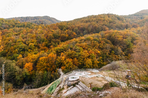 Thermal bath in Thermes Greek pomak villages near Xanthi, beautiful scenery and minaret architecture, muslim culture and religion, hot springs