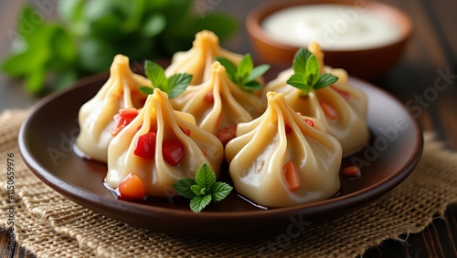 Pierogi nadziewane pomidorami, podawane na rustykalnym drewnianym talerzu z dodatkiem sosu do maczania, ozdobione świeżymi listkami mięty.

