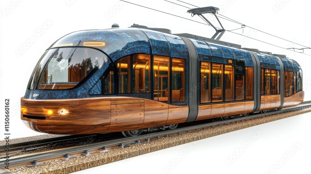Naklejka premium Sleek modern tram with a unique wood and glass design, gliding along the tracks. A futuristic vision of eco-friendly public transportation.