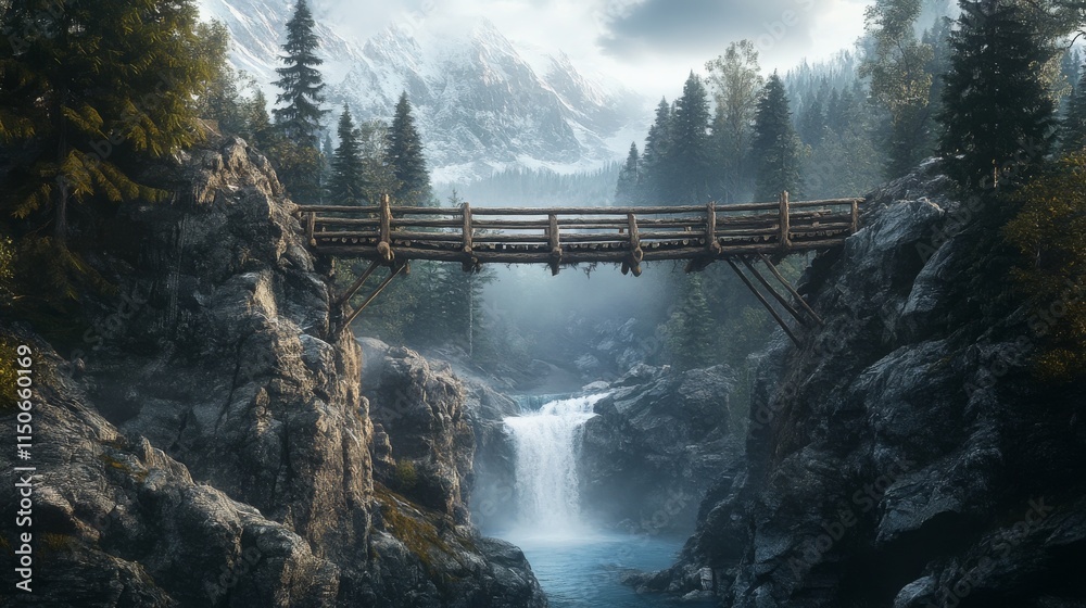 Fototapeta premium Log bridge between mountains above cliff in rock peaks landscape with waterfall and trees background. Beautiful scenery nature view, beam bridgework connect rocky edges, Cartoon vector illustration