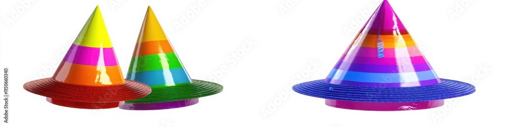 Rainbow-striped party hats with glossy surfaces in pairs, ideal for festive celebrations, birthday themes, and vibrant event decorations
Rainbow-striped party hats with glossy surfaces in pairs, ideal for festive celebrations, birthday themes, and vibrant event decorations