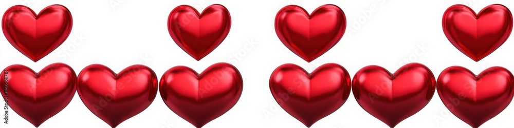 Fototapeta premium Shiny red 3D hearts arranged in rows on a white background, ideal for love themes, Valentine’s Day decorations, and romantic designs