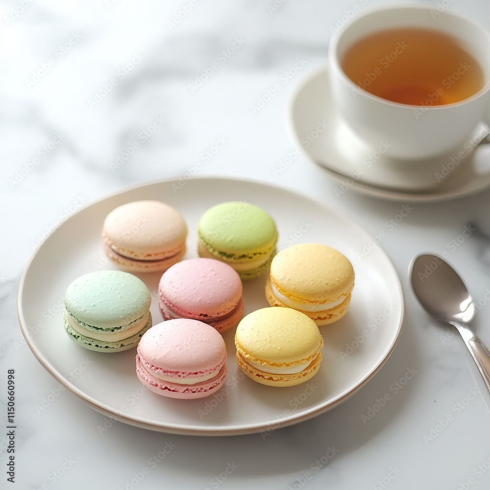 A neatly arranged plate of assorted macarons with a cup of tea, served on a minimalist white plate, Macarons centered A neatly arranged plate of assorted macarons with a cup of tea, served on a minimalist white plate, Macarons centered