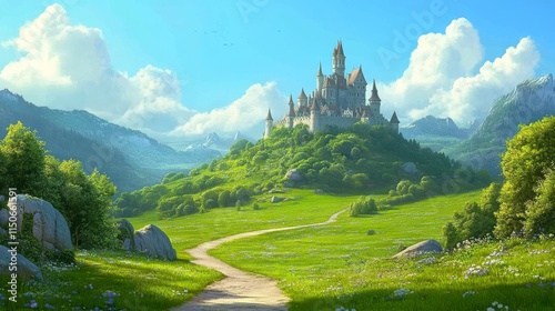 Road to fairy tale castle on hill. Vector cartoon illustration of summer landscape of fantasy kingdom with royal palace with towers. Medieval chateau on green fields with path and bushes