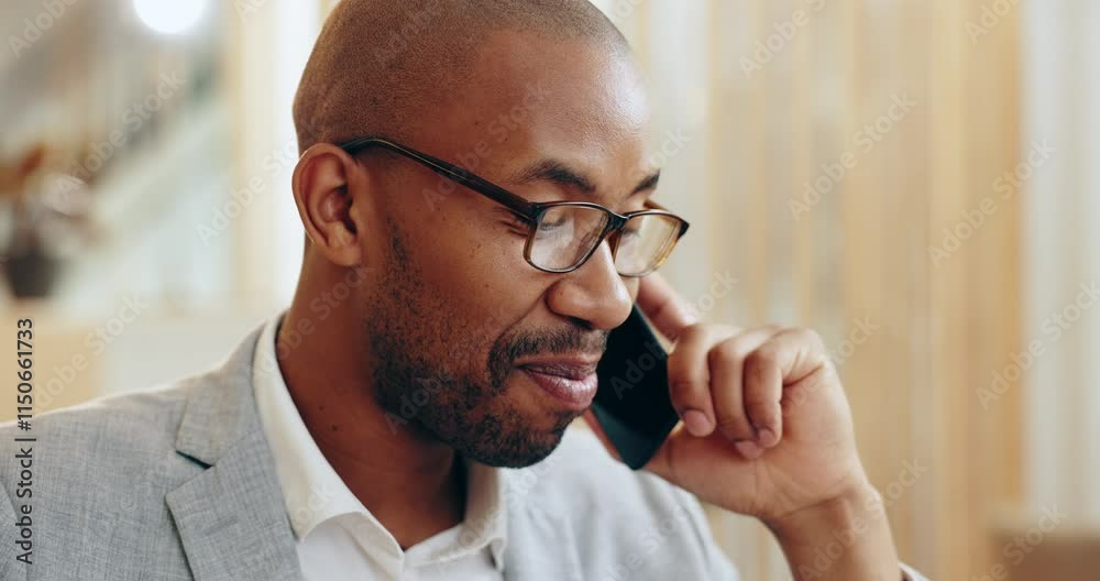 Phone call, negotiation and black man in office for networking, communication or contact. Cellphone, professional and African male employee on mobile discussion for connectivity with company growth. Phone call, negotiation and black man in office for networking, communication or contact. Cellphone, professional and African male employee on mobile discussion for connectivity with company growth.