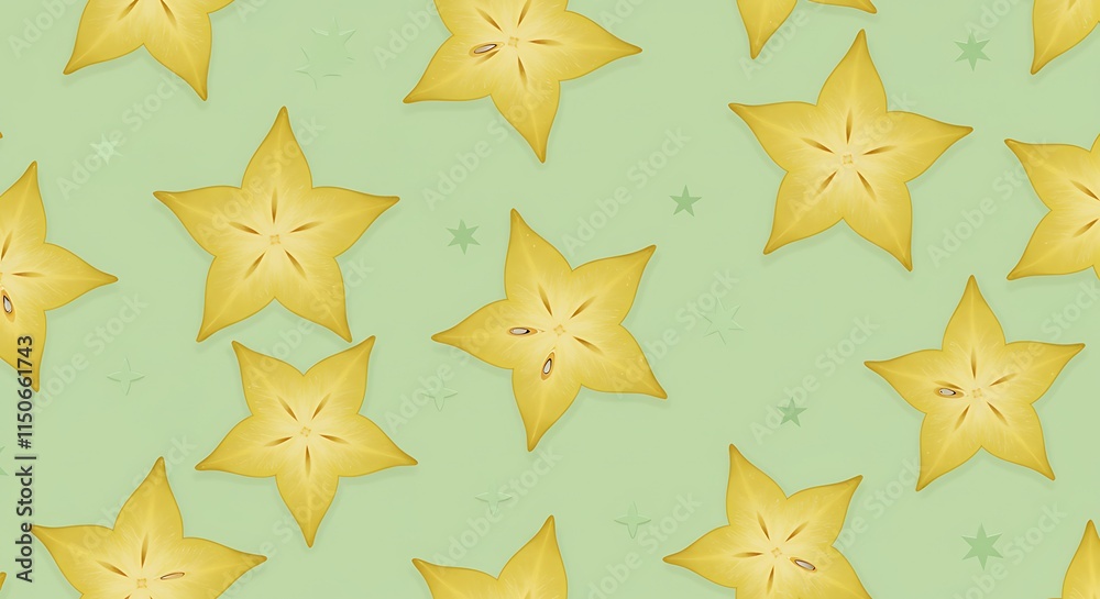 Obraz premium Vibrant golden star pattern on soft green background with subtle sparkle, concept for festive decoration, party design and children's wallpaper