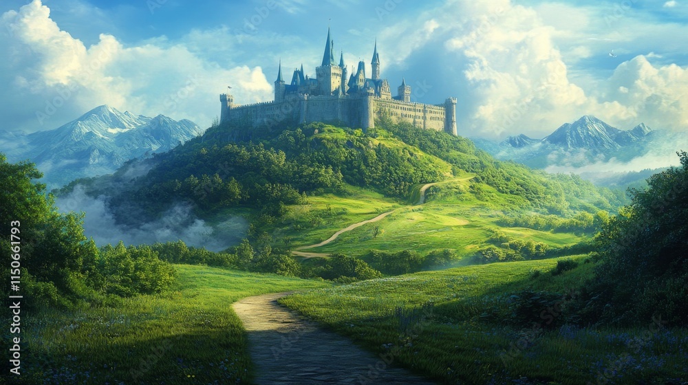 Naklejka premium Road to fairy tale castle on hill. Vector cartoon illustration of summer landscape of fantasy kingdom with royal palace with towers. Medieval chateau on green fields with path and bushes