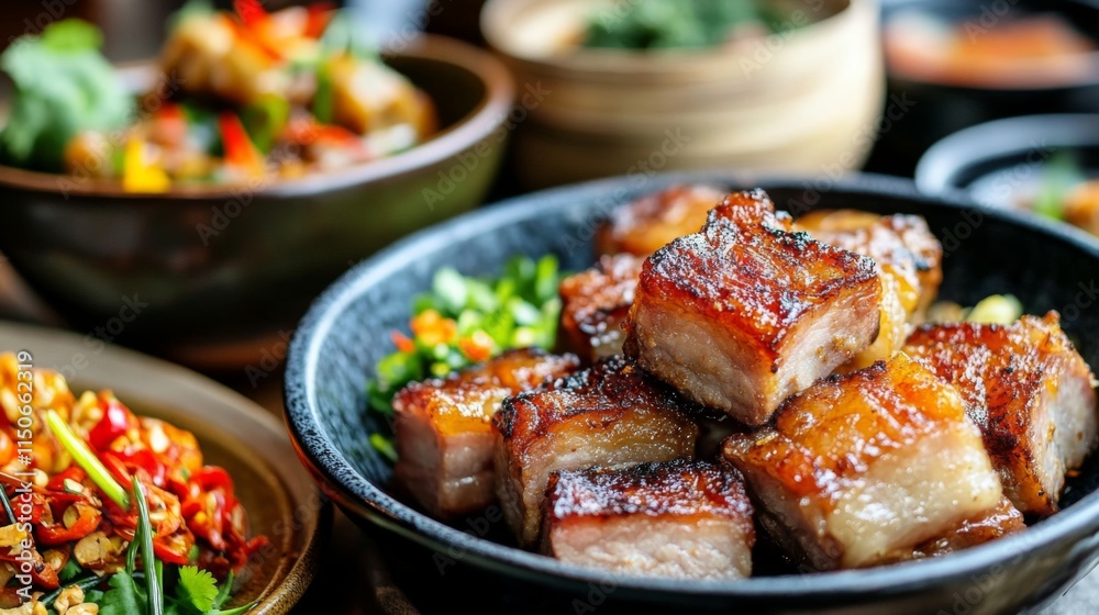 Delicious Crispy Pork Belly Served With Fresh Vegetables And Sauces