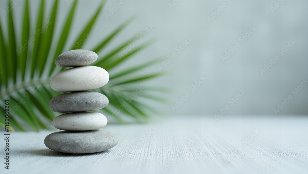 Balanced stack of smooth gray stones on a white surface with a green tropical leaf in the background, symbolizing peace.
Balanced stack of smooth gray stones on a white surface with a green tropical leaf in the background, symbolizing peace.