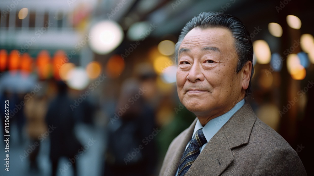 A cheerful East Asian man confidently engages with clients in a bright, vibrant business setting