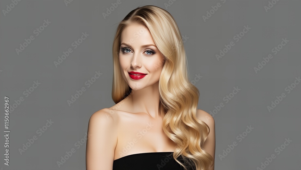 Fototapeta premium Elegancka blondynka z czerwonymi ustami i falowanymi włosami w czarnej sukience bez ramiączek