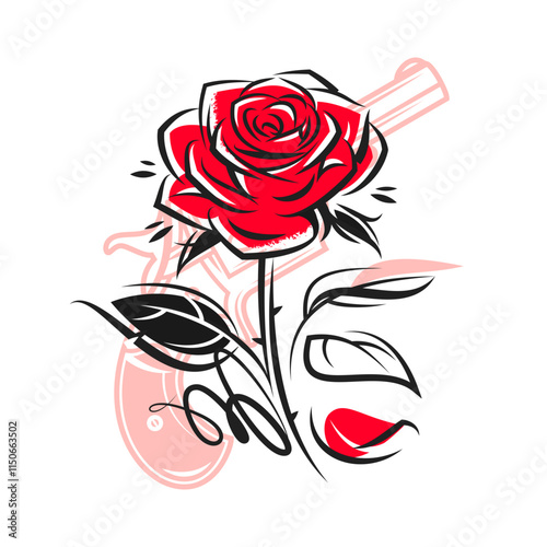 Scarlet red rose flower and vintage gun