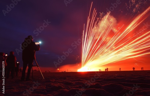 Fireworks illuminate the beach in Phuket, Thailand, as part of the New Year celebration. People in the foreground are out of focus and indiscernible. photo