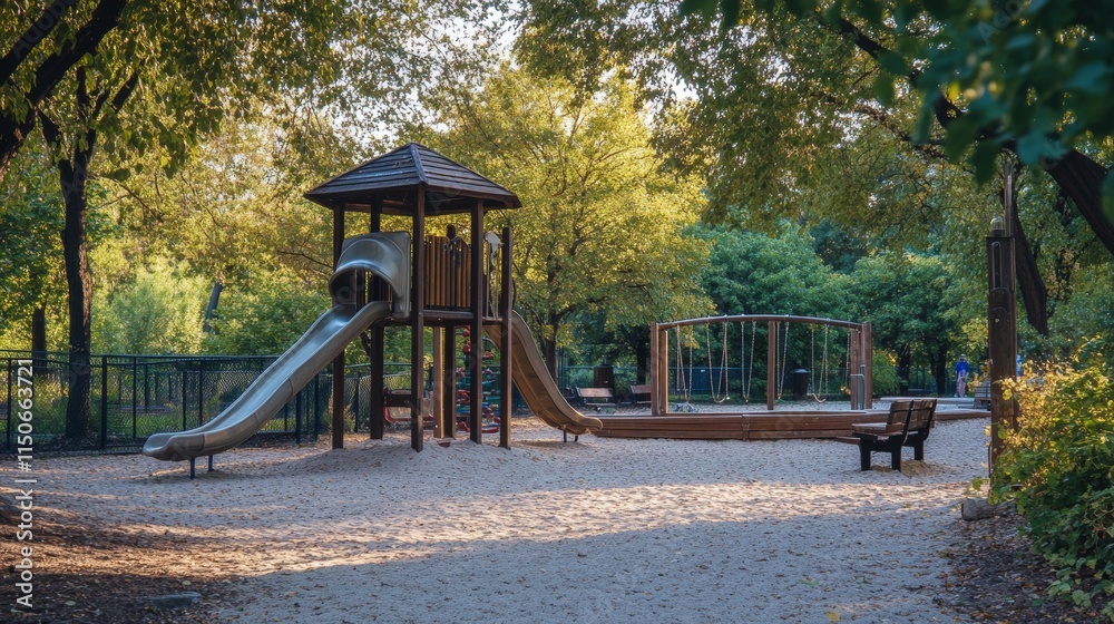 Fototapeta premium Kids playground in summer park, garden or backyard with slide, sandbox and swing. Vector cartoon illustration of kindergarten play ground, seesaw, slider, sandpit on green lawn