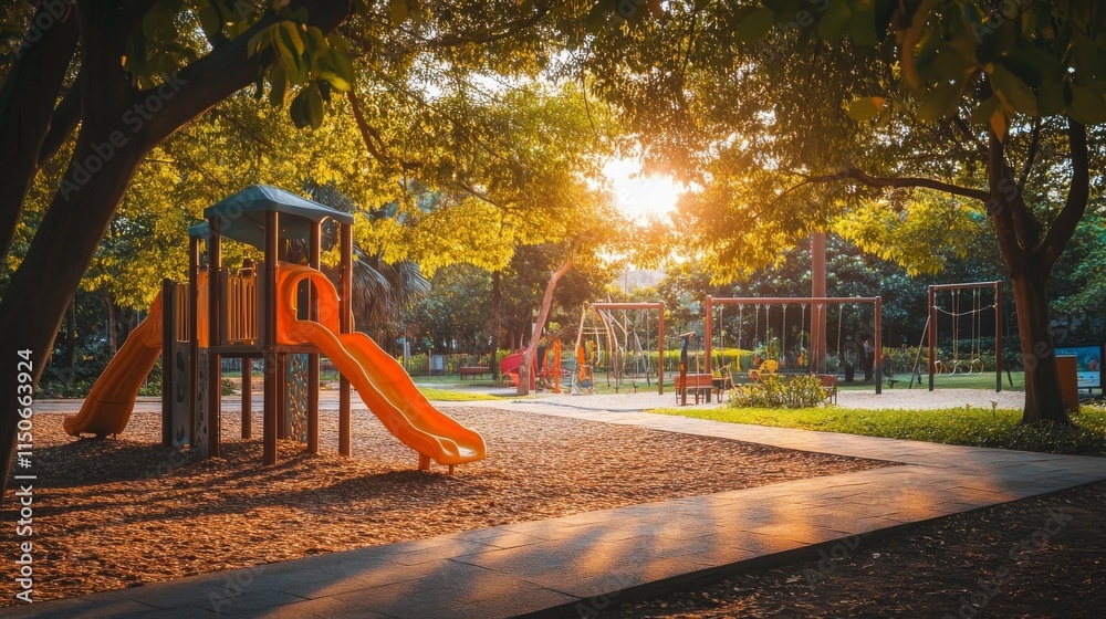 Kids playground in summer park, garden or backyard with slide, sandbox and swing. Vector cartoon illustration of kindergarten play ground, seesaw, slider, sandpit on green lawn Kids playground in summer park, garden or backyard with slide, sandbox and swing. Vector cartoon illustration of kindergarten play ground, seesaw, slider, sandpit on green lawn
