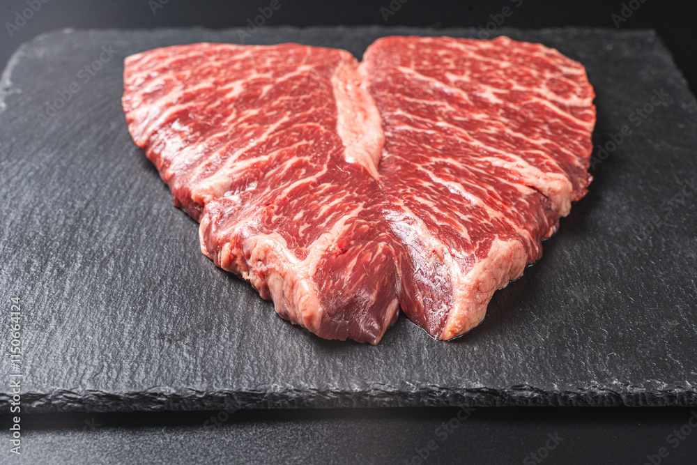 Raw marbled beef steaks on a black mica board and a dark background. Raw marbled beef steaks on a black mica board and a dark background.