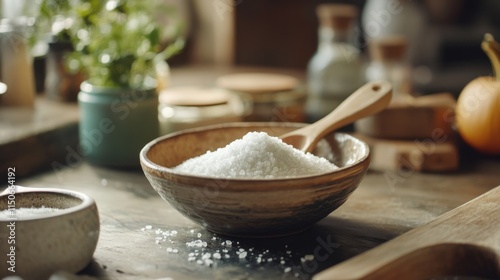 White Sea Salt in Rustic Bowl with Wooden Spoon on Table