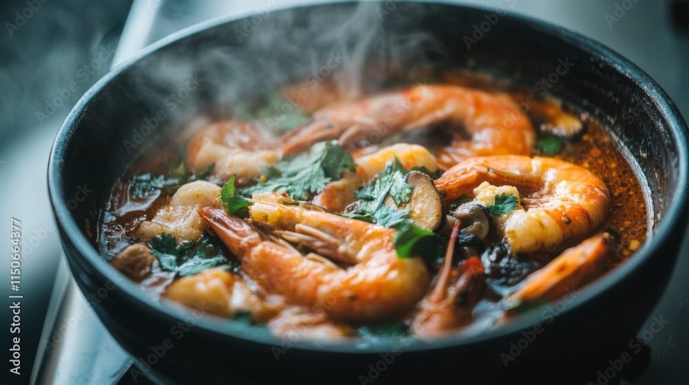 Fresh Shrimp Cooking in Spicy Broth on a Modern Kitchen Stove Fresh Shrimp Cooking in Spicy Broth on a Modern Kitchen Stove