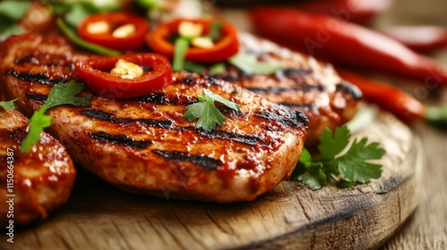 Grilled Meat Fillets with Fresh Herbs and Spicy Peppers on Wood