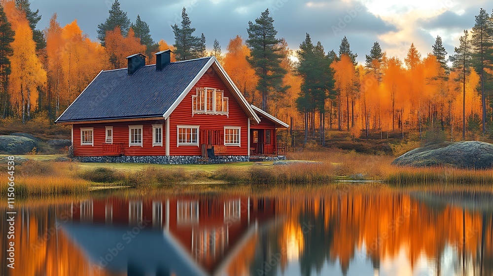 Fototapeta premium Red Cabin Autumn Lakeside Forest Setting