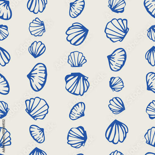 Seashell seamless repeat pattern. In row, randomly palced, hand drawn mussels aop, all over surface print on beige background.