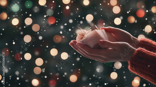 A joyful moment as hands tear open the wrapping of a gift, with a blurred festive background of bright, multicolored lights, snowflakes gently falling, and the warmth of the holida photo